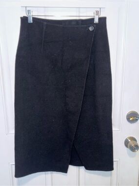 Alex Mill Black Wool Blend Wrap Midi Skirt Button Front A-Line Minimalist Size 2